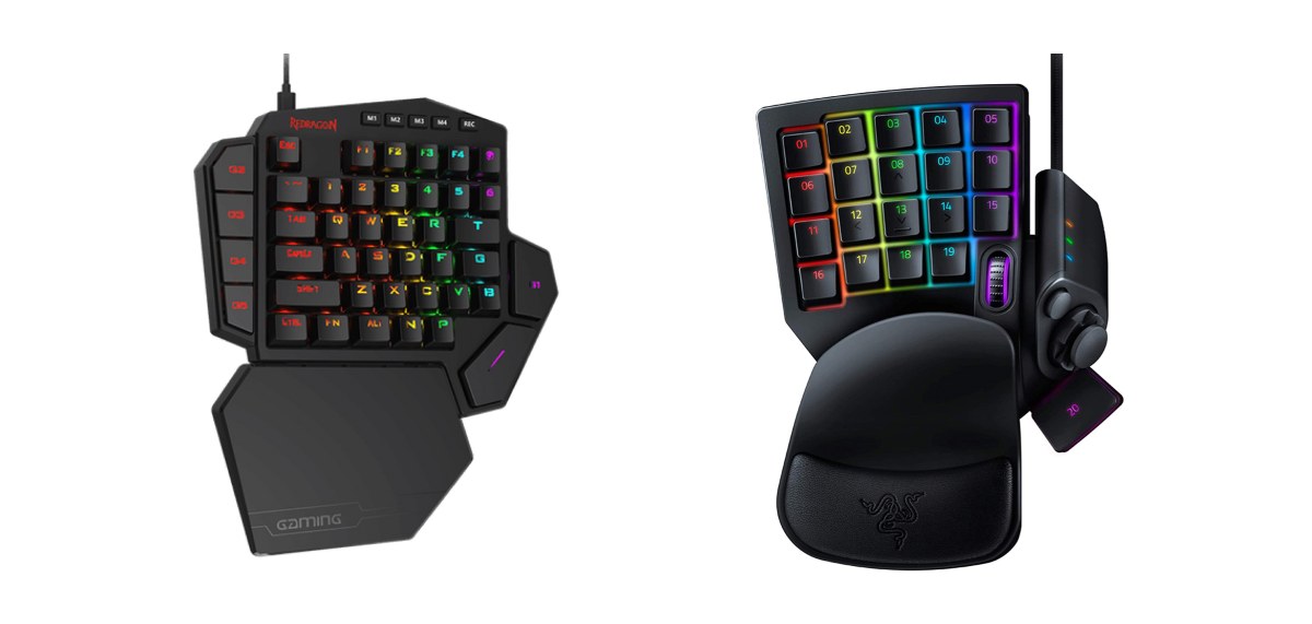 The Redragon K585 DITI mechanical keyboard (left) and the Razer Tartarus V2 membrane keyboard (right). Sources: redragonzone.com and razer.com